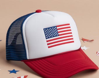 Embroidered 4th of July Trucker Hat: Patriotic USA Flag Snapback