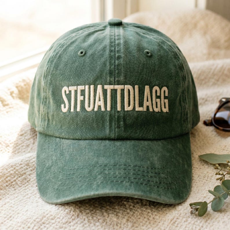 May include: A green baseball cap with the embroidered text "STFUATTDLAGG" in white. The cap has a curved brim and a fabric strap closure. The hat is made of a soft, worn material.