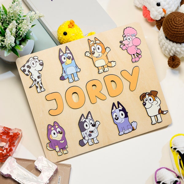 Personalized Blue dog Name Puzzle for kids Baby Name Puzzle Wooden Name Puzzle Baby Busy Board Montessori Toys, Custom Baby Name Puzzle