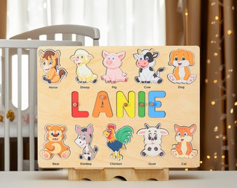 Personalized Baby name puzzle Animals Wooden Name Puzzle Custom Birthday Toddler Montessori Toys Baby Gift for Animal Lovers