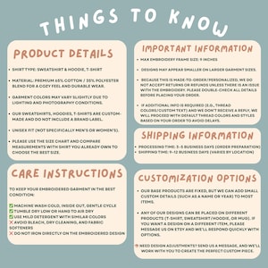 Puede incluir: Gr&aacute;fico informativo con texto que detalla los detalles del producto, las instrucciones de cuidado y las opciones de personalizaci&oacute;n para prendas de vestir. Incluye informaci&oacute;n sobre materiales, tallas y bordados. El texto es azul claro sobre fondo blanco.