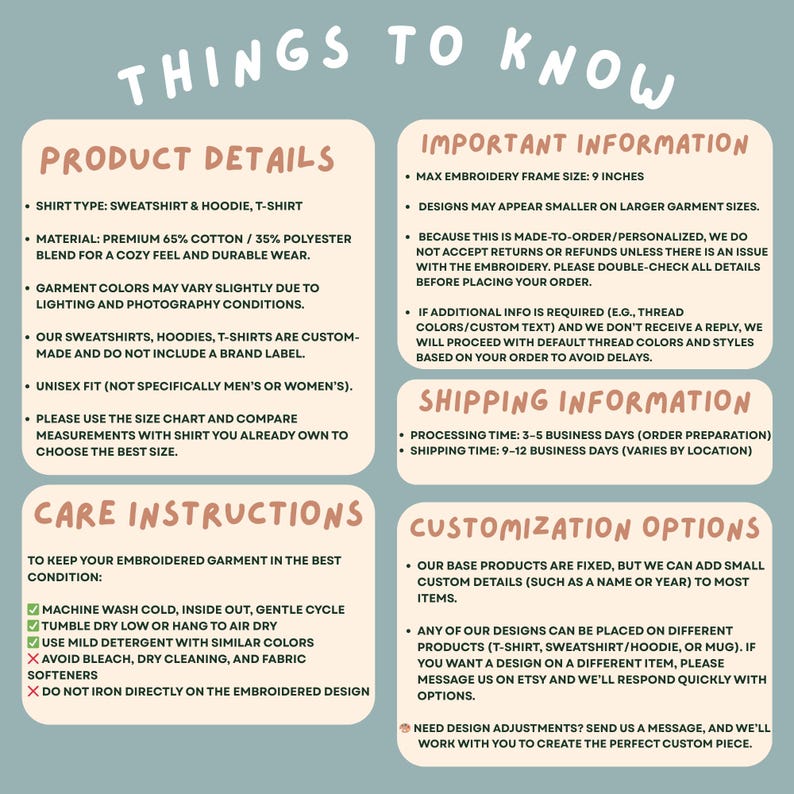 Puede incluir: Gr&aacute;fico informativo con texto que detalla los detalles del producto, las instrucciones de cuidado y las opciones de personalizaci&oacute;n para prendas de vestir. Incluye informaci&oacute;n sobre materiales, tallas y bordados. El texto es azul claro sobre fondo blanco.