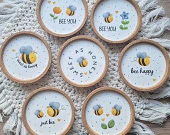 Posavasos de corcho de 9 cm, diseño de abeja, flor, verano, sol, sé feliz, decoración hecha a mano e idea de regalo para el jardín.