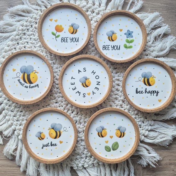 Kork 9cm Untersetzer Bienen Bee You Blume Sommer Sonne Be Happy Handgemachte Deko & Geschenkidee Garten