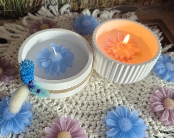 Vela floral, con forma de cuenco, vertida, lisa o estriada, vela de cera, flores secas, azul o rosa, 10 cm de ancho