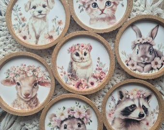 Posavasos de corcho con dibujos de animales bebés (conejo, búho, gato, perro, mapache, ratón, oveja) – idea de regalo, 10 cm