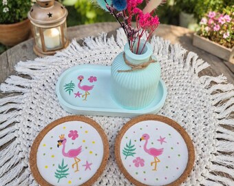 Posavasos de corcho IKEA, conjunto de playa de verano, flamenco marino, bandeja, jarrón, flores secas, decoración hecha a mano e idea de regalo para el jardín.
