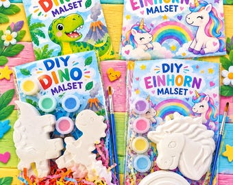 Set de pintura para fiesta de cumpleaños infantil con pinceles, recuerdos de fiesta, unicornio y dinosaurio.
