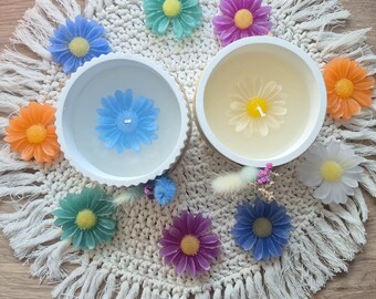 Vela floral, con forma de cuenco, vertida, lisa o estriada, vela de cera, flores secas, azul, verde, morado, blanco o rosa, 10 cm de ancho