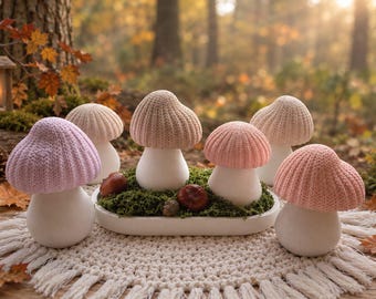 Conjunto de otoño Patrón de tejido Set de setas Amanita muscaria Colores pastel Beige Naranja Regalo Decoración