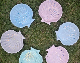 Plato para joyas con purpurina, concha, estrella de mar, decoración náutica, hecho a mano, menta, rosa, azul claro, blanco, amarillo, gris, almacenamiento, regalo