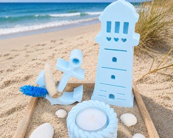 Juego de portavelas con forma de ancla y faro con luz fundida, decoración marítima, decoración del Mar Báltico/Mar del Norte, regalo hecho a mano, saludo costero, colores pastel