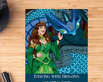 Puede incluir: Una portada de libro para colorear que presenta a una mujer con un vestido verde y una corona, bailando con un dragón azul y verde. El texto en la portada dice "Dancing with Dragons Coloring Book".