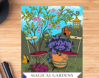 May include: A coloring book cover featuring a whimsical garden scene with two chairs, a potted plant, butterflies, and a lantern. The text "MAGICAL GARDENS Coloring Book" is displayed at the bottom of the image.
