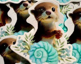 Otter Vinyl Sticker with Blue Seashell - Eco-Friendly, Weatherproof Whimsical Decal from Luminous Creatures Collection - Laptop & Car Decor