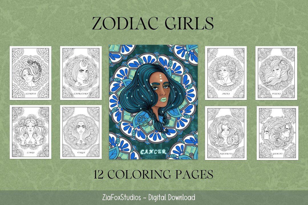 Zodiac Girls Coloring Pages Digital Coloring Book Horoscope Astrology