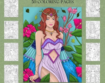 Fairyland Beauties Coloring Book | 50 Pages of Fairy Women, Woodland Animals, and Flowers | Printable PDF and JPGs