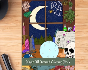 May include: A coloring book with a green frog, a crystal ball, a skull, and a book with a purple flower on the cover. The book is titled "Magic All Around Coloring Book".