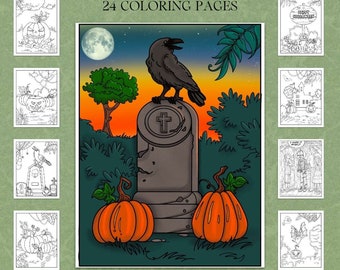 Halloween Coloring Pages | Digital Coloring Book | Jack OLanterns | Witches | Graveyard | Crows | Potions | Digital Download | Printable PDF