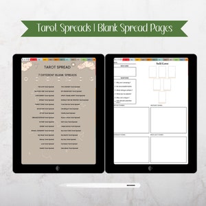 May include: Two digital tablets displaying tarot spread templates. One tablet shows a list of 7 different blank spreads, including "The Love Tarot Spread" and "My Week Tarot Spread." The other tablet features a "Self-Love" layout with prompts.