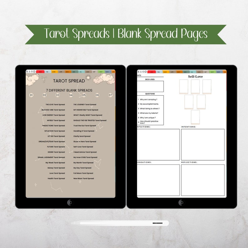 May include: Two digital tablets displaying tarot spread templates. One tablet shows a list of 7 different blank spreads, including "The Love Tarot Spread" and "My Week Tarot Spread." The other tablet features a "Self-Love" layout with prompts.