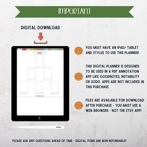 May include: Digital download planner displayed on a black tablet with a stylus. The screen shows a tarot card layout with the word "January" at the top. Text includes "Digital Download" and "Important". The planner is designed for use with PDF annotation apps.