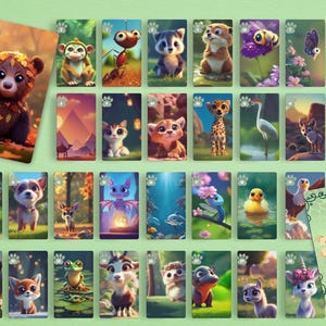 Pu&ograve; includere: Un set di 36 carte illustrate con diversi animali, tra cui un orso, una volpe, un cervo, una rana, un drago, un uccello, una farfalla, un ghepardo, un procione, un gatto, una tartaruga, un unicorno, un coniglio e uno scoiattolo. Le carte sono progettate con uno sfondo verde e hanno un'impronta di zampa nell'angolo.