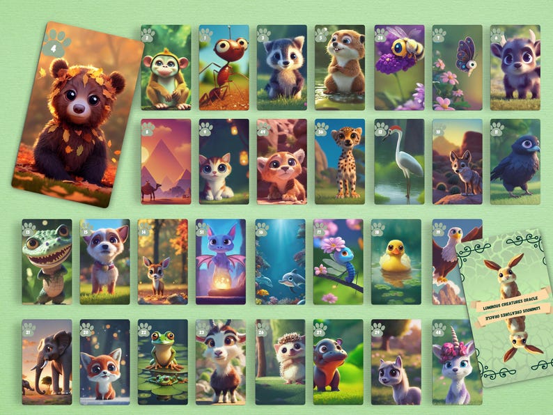 Pu&ograve; includere: Un set di 36 carte illustrate con diversi animali, tra cui un orso, una volpe, un cervo, una rana, un drago, un uccello, una farfalla, un ghepardo, un procione, un gatto, una tartaruga, un unicorno, un coniglio e uno scoiattolo. Le carte sono progettate con uno sfondo verde e hanno un'impronta di zampa nell'angolo.
