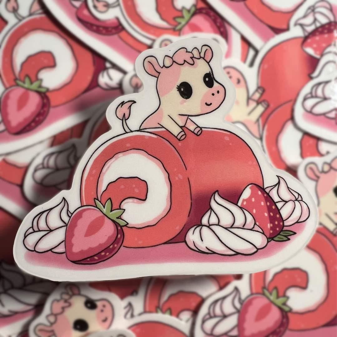 Kawaii Strawberry Cow Roll Cake Sticker | Weatherproof Vinyl | Cute ...