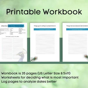May include: Printable workbook with a peacock design. The workbook is 35 pages and includes worksheets for deciding what is most important in a relationship and log pages to analyze dates better.