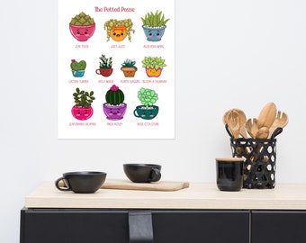 Succulent and Cactus Poster | Art Print | Potted Posse | Cute Potted Plants with Pop Culture Punny Names | Art By Eva Sawyer | Wall Art