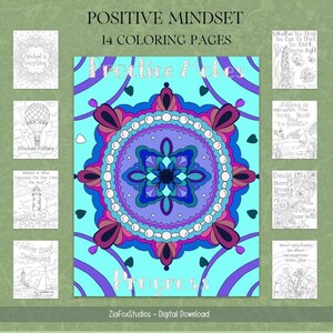 May include: A set of 14 coloring pages featuring mandalas and inspirational quotes. The pages are designed to promote positive thinking and mindfulness. The main image features a colorful mandala with a blue, purple, and pink color scheme. The text "Practice Makes Progress" is written at the bottom of the image.