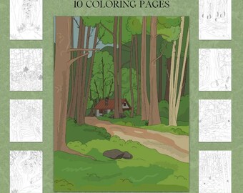 May include: A set of 10 colouring pages featuring a forest scene with a small cabin, trees, and a dirt path. The pages are black and white line drawings, ready to be coloured in.