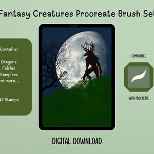 May include: A digital download of 42 fantasy creature stamps for Procreate. The image shows a werewolf silhouette in front of a full moon, with a green forest background. The text "Fantasy Creatures Procreate Brush Set" is at the top of the image.