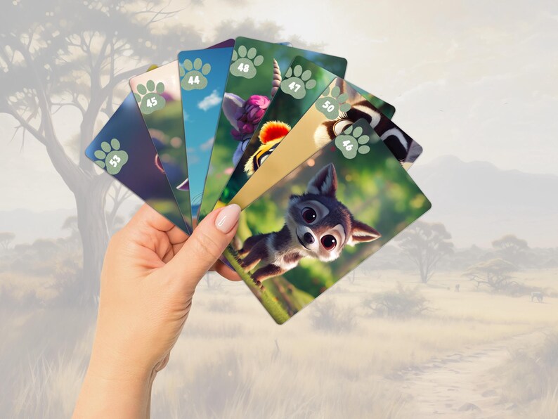 Pu&ograve; includere: Un set di carte colorate con illustrazioni di animali e numeri. Le carte sono tenute in una mano su uno sfondo sfocato di un paesaggio di savana.