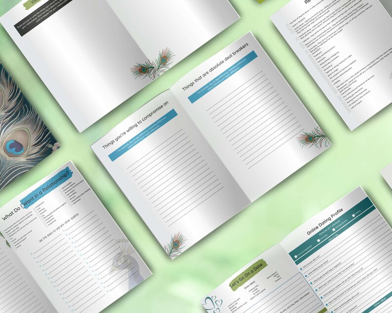 May include: A printable workbook with pages for self-reflection on relationships. The pages include prompts such as "What do I want in a relationship?", "Things you're willing to compromise on", "Things that are absolute deal breakers", "Let's Go On a Date", and "Online Dating Profile".