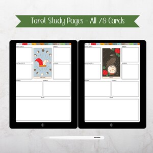 May include: Two digital tablets displaying tarot study pages. The left tablet shows "The Fool" card with a jester hat design. The right tablet shows the "Death" card with a raven and roses. The banner above reads "Tarot Study Pages - All 78 Cards".