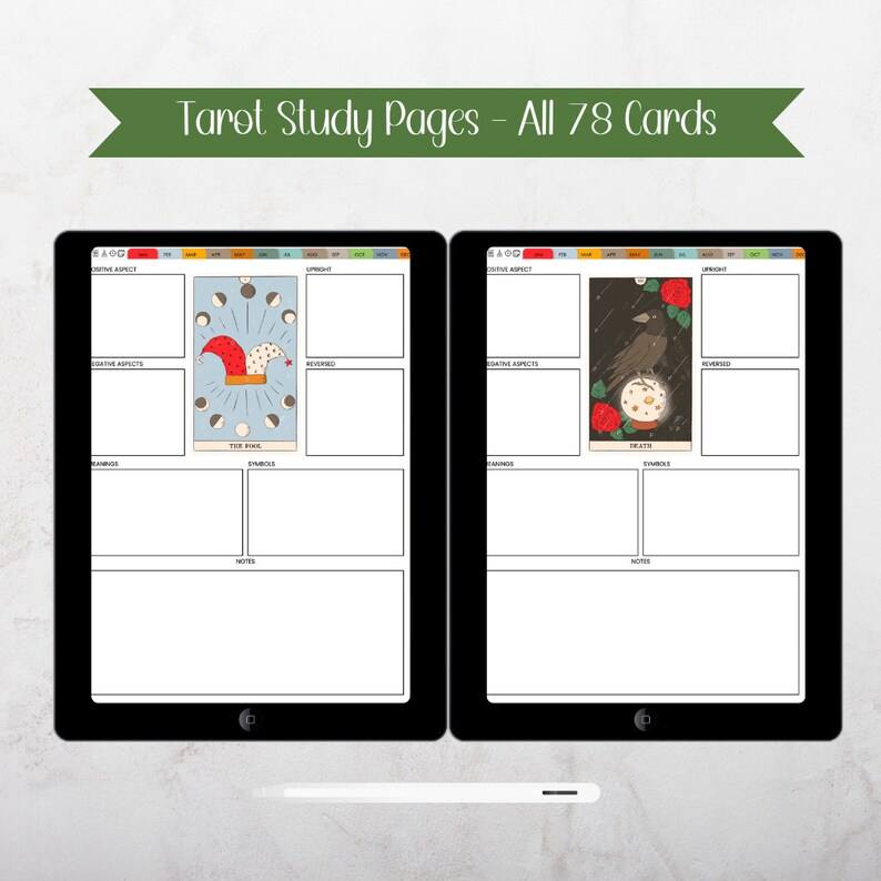 May include: Two digital tablets displaying tarot study pages. The left tablet shows "The Fool" card with a jester hat design. The right tablet shows the "Death" card with a raven and roses. The banner above reads "Tarot Study Pages - All 78 Cards".