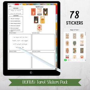 May include: Digital planner on a tablet with tarot card illustrations and the text "Self-Love." Includes a bonus sticker pack with 78 stickers. A stylus rests on the screen, and the text "BONUS: Tarot Stickers Pack" is at the bottom.