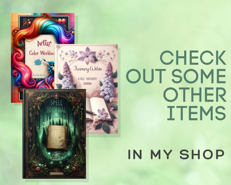 May include: Three different journals with colorful covers. The first journal is a rainbow color workbook with the text "Artist Color Workbook". The second journal is a green and black journal with the text "Spell Journal". The third journal is a pink and white journal with the text "Journey Within A Self Discovery Journal".