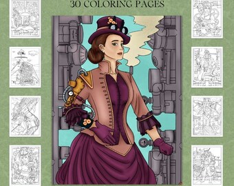 Steampunk Coloring Pages | Digital Coloring Book | Lovecraft Futuristic Cyberpunk Line Art | Digital Download | Printable PDF