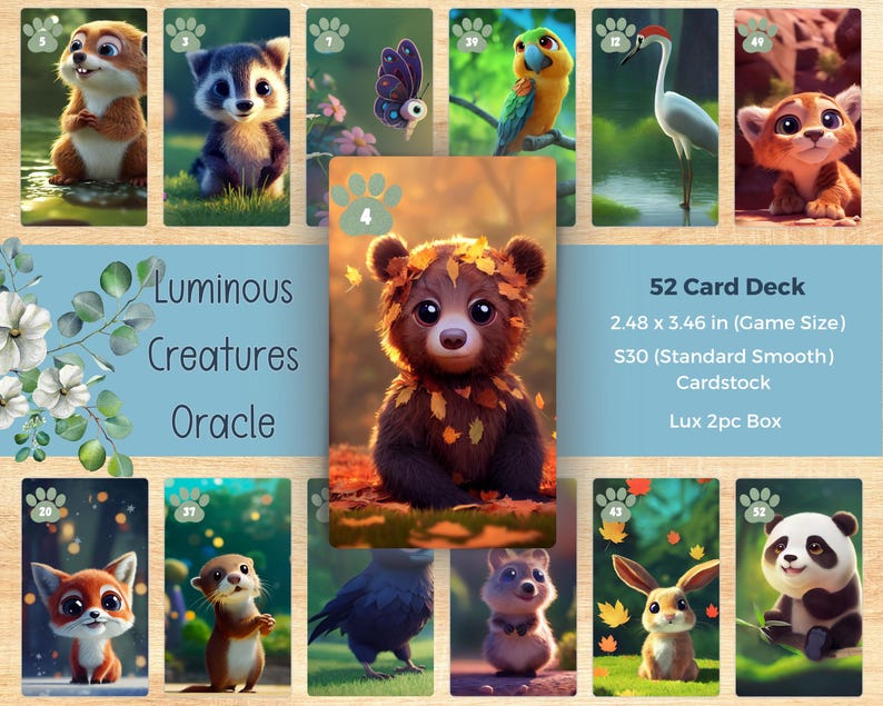 Mazzo di oracoli Creature Luminose – 54 adorabili carte di animali spirituali con guida / Carte totem di animali mistici / Mazzi di tarocchi e oracoli immagine 1