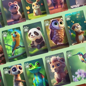 Pu&ograve; includere: Un set di 10 carte illustrate con vari animali, tra cui un panda, un gufo, un leone, un colibr&igrave; e un pavone. Ogni carta ha uno sfondo verde con un'impronta di zampa e un numero.