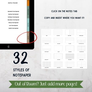 May include: Digital notebook with 32 styles of notepaper. The image shows a tablet with a notes tab and various paper styles, including lined, dotted, and graph paper. Text reads "Out of Room? Just add more pages!"