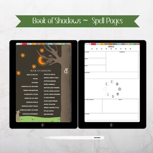 May include: Two digital tablets displaying "Book of Shadows" spell pages. One tablet shows a dark theme with a tree, moon, and stars, listing topics like rituals and spells. The other tablet has a blank spell page template.