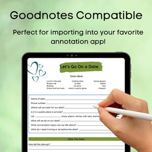 May include: A digital planner template for a date night. The template includes a section for date ideas, such as cooking class, arcade, go-karts, and watching a sports game. There is also a section for planning the date, including the name of the date, phone number, where to meet, and conversation topics.