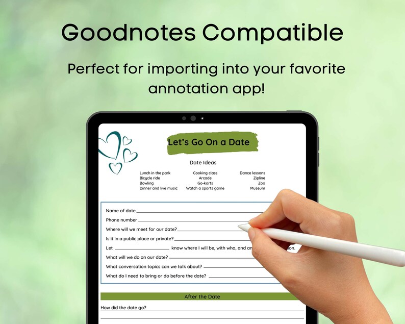 May include: A digital planner template for a date night. The template includes a section for date ideas, such as cooking class, arcade, go-karts, and watching a sports game. There is also a section for planning the date, including the name of the date, phone number, where to meet, and conversation topics.
