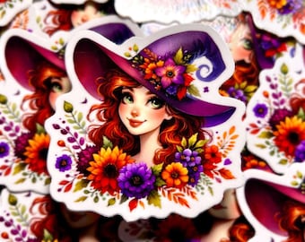 Enchanted Witch with Hat and Wildflowers Sticker 2.5" - Waterproof & Weatherproof Vinyl Decal, Eco-Friendly for Laptops, Cars, Water Bottles