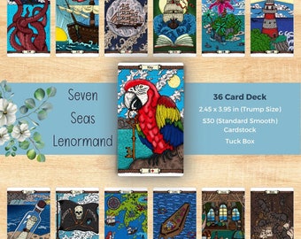 Pirate Oracle Deck  | Vibrant Hand Colored & Illustrated Images of Nautical Swash-buckling Fun With The Seven Seas Lenormand | Ships Fast