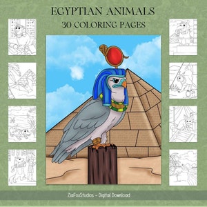 May include: A coloring page featuring a cartoon Egyptian falcon with a blue headdress and a red crown. The falcon is perched on a wooden post in front of a pyramid. The image is part of a set of 30 coloring pages featuring Egyptian animals.